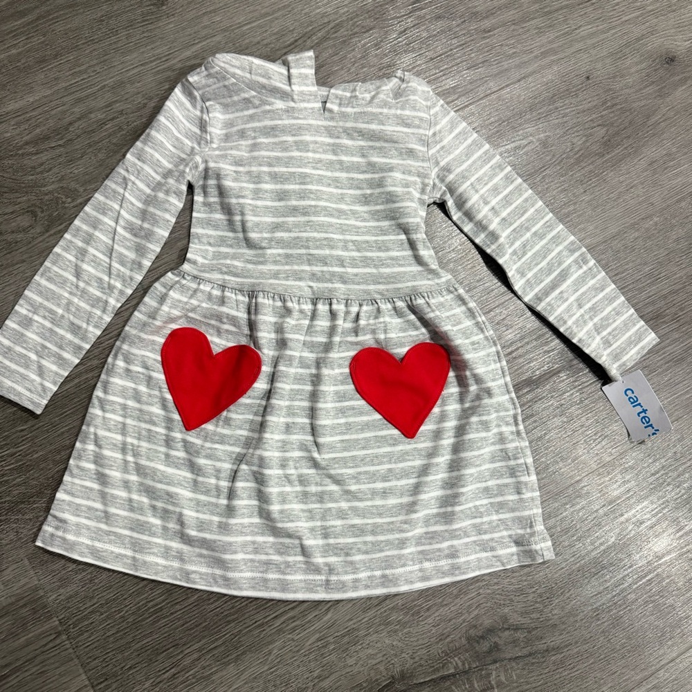 Carter's  NWTGray Striped Dress with Red Hearts